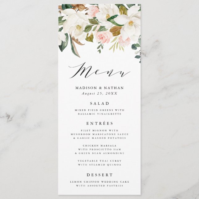 Watercolor Magnolias | Wedding Menu Card (Front)