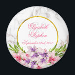 Watercolor Magnolias, White Marble Texture Wedding Magnet<br><div class="desc">A wedding magnet with an elegant modern design -  a faux marble texture in white makes up the background. Layered over top is a frame with a faux gold foil border. Large pink and purple watercolor magnolia flowers with green leafy accents decorate the design.</div>