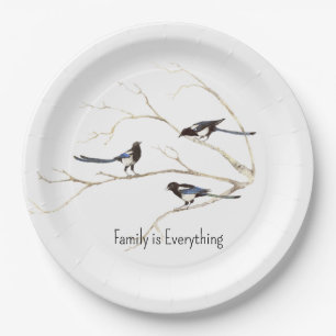 Watercolor Magpie Bird Family is Everything Paper Plate