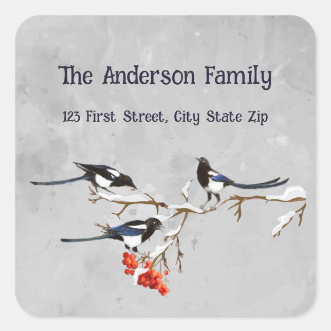 Watercolor Magpie Bird Family Wildlife Art Square Sticker (Front)