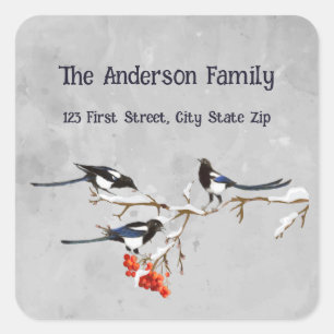 Watercolor Magpie Bird Family Wildlife Art Square Sticker