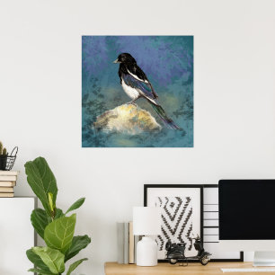 Watercolor Magpie Bird Nature Art Poster