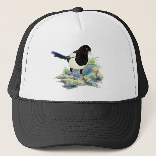 Watercolor Magpie Bird Wildlife Nature Art Trucker Hat (Front)