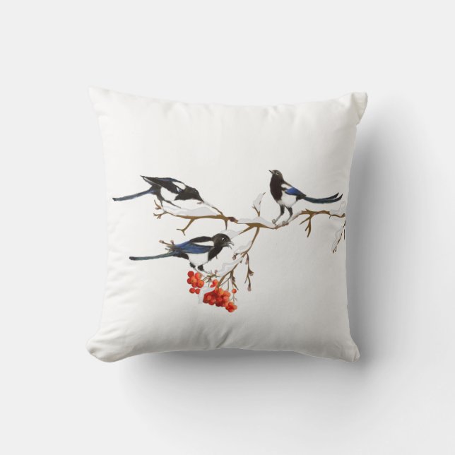Watercolor Magpie Birds Nature Art  Cushion (Front)