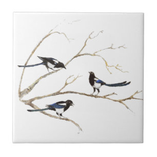 Watercolor Magpie Family Birds in Tree Tile