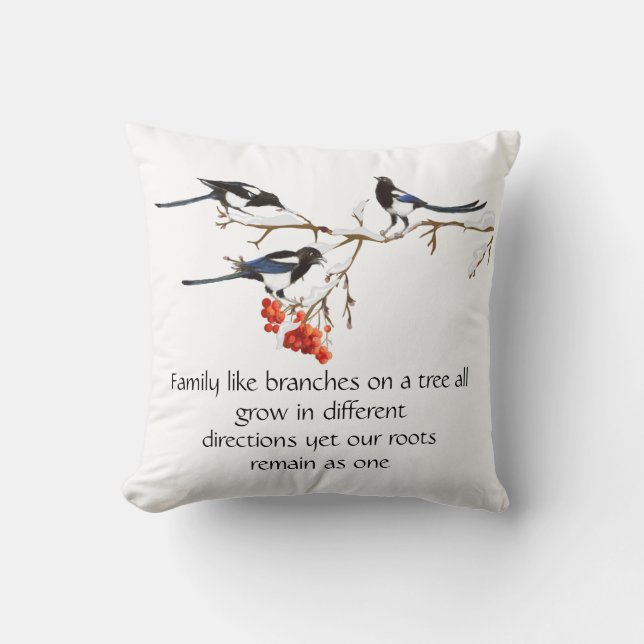 Watercolor Magpie Family Quote Animal Nature Throw Cushion (Front)