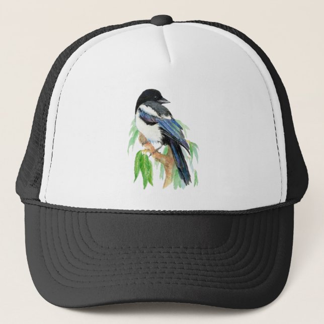Watercolor Magpie Garden Bird Wildlife Nature Art Trucker Hat (Front)