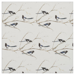 Watercolor Magpie Garden Birds in a tree Fabric