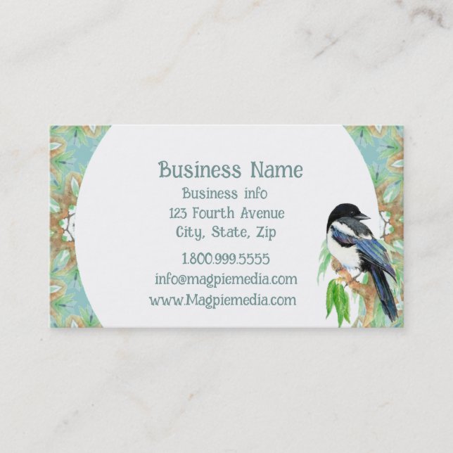 Watercolor Magpie Tribal Boho Art Wildlife Nature Business Card (Front)