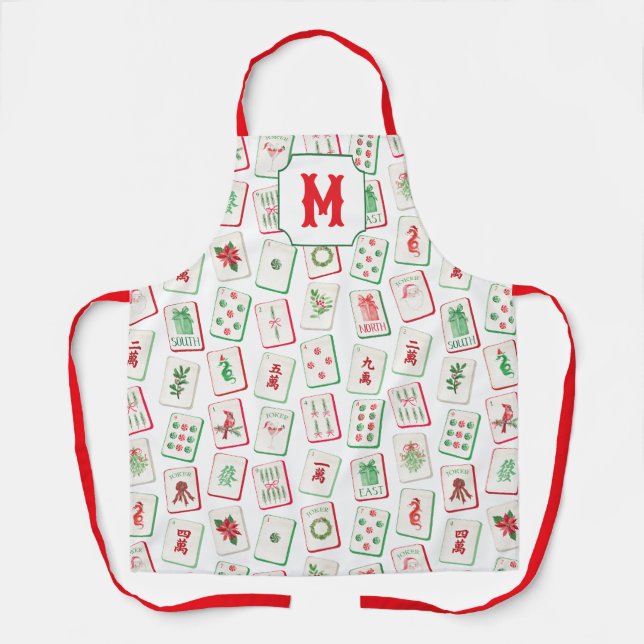 Watercolor Mahjong Christmas Tiles Monogram Apron (Front)