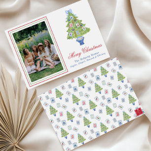 Watercolor Mahjong Christmas Tree Photo Holiday Card