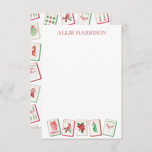 Watercolor Mahjong Red & Green Christmas Tiles Card (Front/Back)