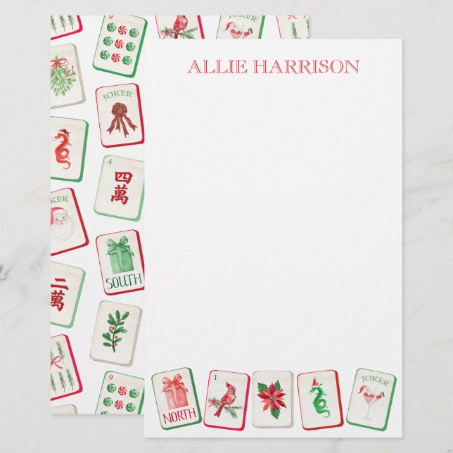 Watercolor Mahjong Red & Green Christmas Tiles Stationery (Front/Back)