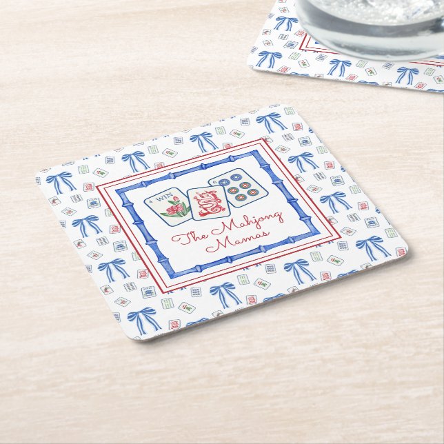 Watercolor Mahjong Tiles & Bows Party Square Paper Coaster (Angled)