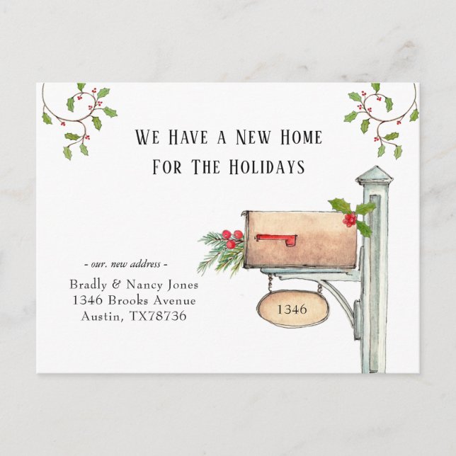 Watercolor Mailbox New Home for Holiday Postcard (Front)