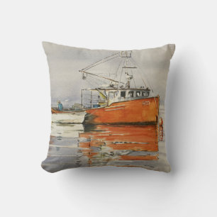 Watercolor Maine Fishing Boat Ocean Orange Grey Cushion