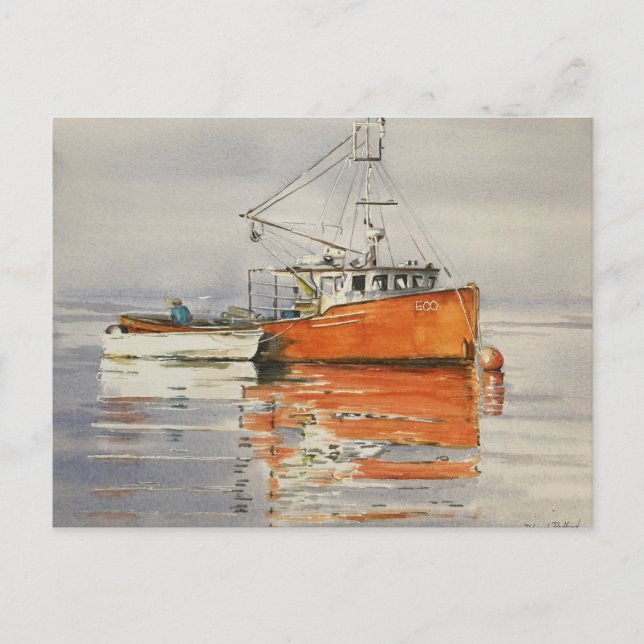 Watercolor Maine Fishing Boat Ocean Orange Serene  Postcard (Front)