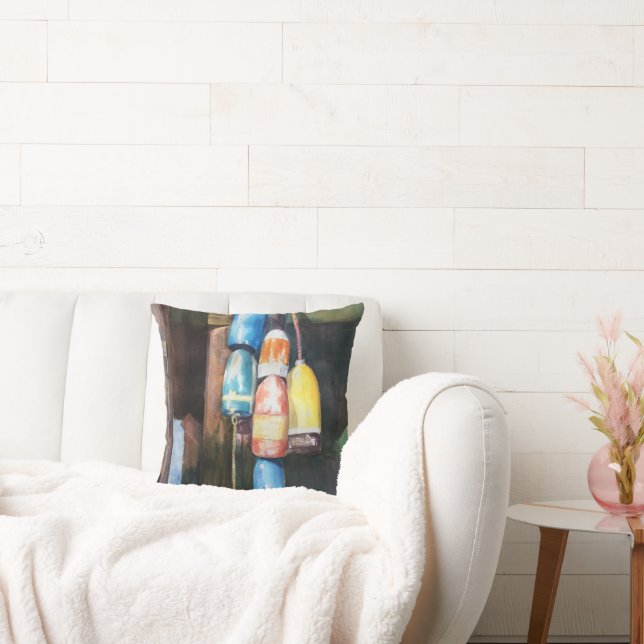 Watercolor Maine Lobster Buoy Coastal Blue Yellow Cushion (Couch)