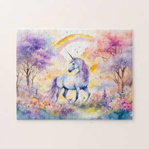 Watercolor Majestic Unicorn Under Cherry Blossom P Jigsaw Puzzle