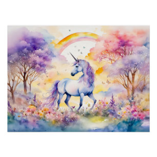 Watercolor Majestic Unicorn Under Cherry Blossom P Poster