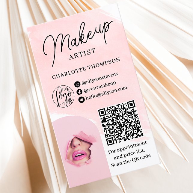 Watercolor makeup logo Qr code 2 photos Business Card (Watercolor makeup logo Qr code 2 photos Business Card)