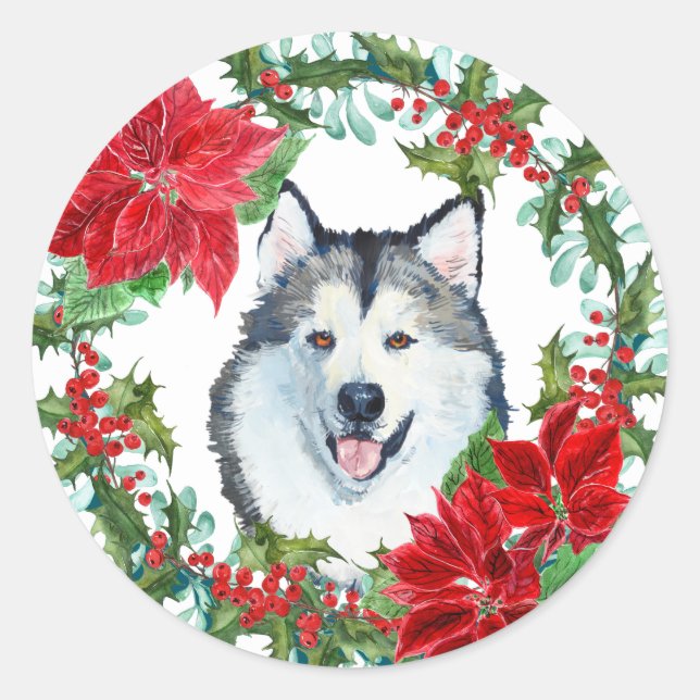 Watercolor Malamute Dog Poinsettia Holiday Wreath Classic Round Sticker (Front)