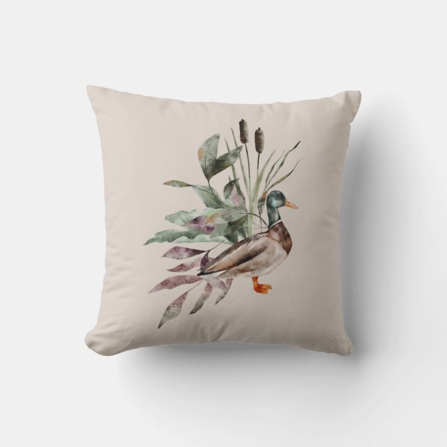Watercolor Mallard Duck Cattails Foliage Wildlife Cushion (Front)