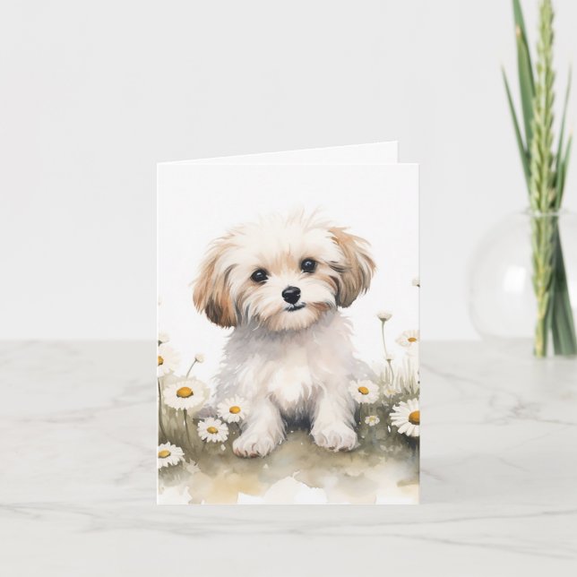 Watercolor Maltese Dog In Daisies Note Card (Front)