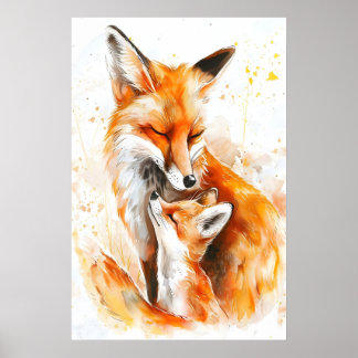 Watercolor Mama Fox and Cub Nursery Print
