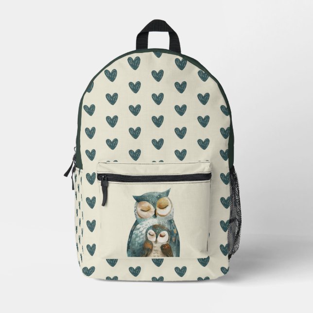  Watercolor Mama Owl& Owlet Teal Heart Pattern Printed Backpack (Front)