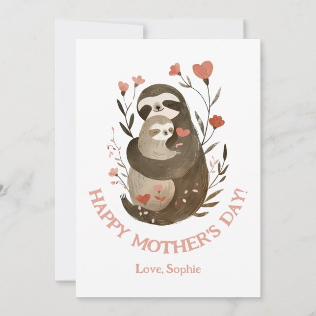 Watercolor Mama Sloth& Baby Cute Mother's Day Card (Front)