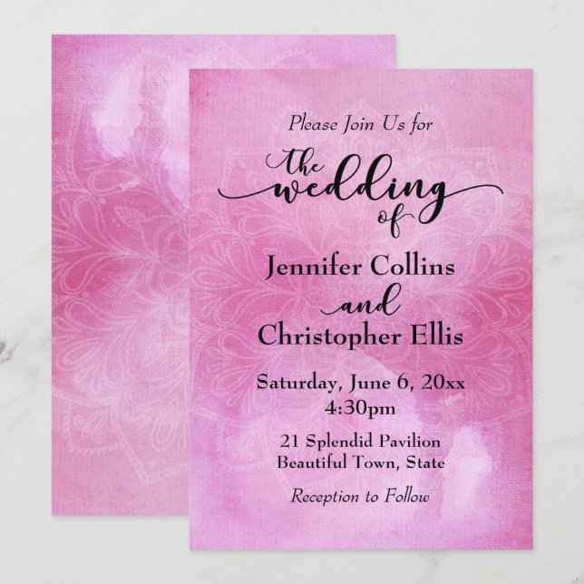 Watercolor Mandala Wedding Invitation in Deep Pink (Front/Back)