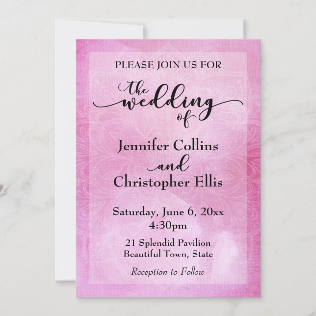 Watercolor Mandala Wedding Invitation in Deep Pink (Front)