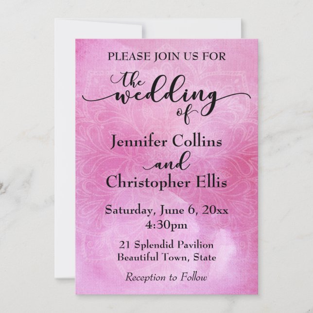 Watercolor Mandala Wedding Invitation in Deep Pink (Front)