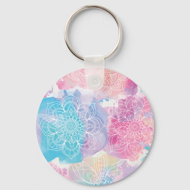 Watercolor mandalas colourful splashes boho key ring (Front)
