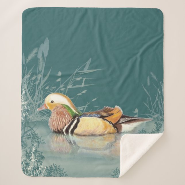Watercolor Mandarin Duck Wildlife Nature Art Sherpa Blanket (Front)