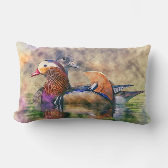 Watercolor Mandarin Ducks Feng Shui Symbol Lumbar Cushion (Front)