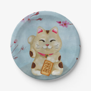 Watercolor Maneki-neko cat under flowering sakura Paper Plate