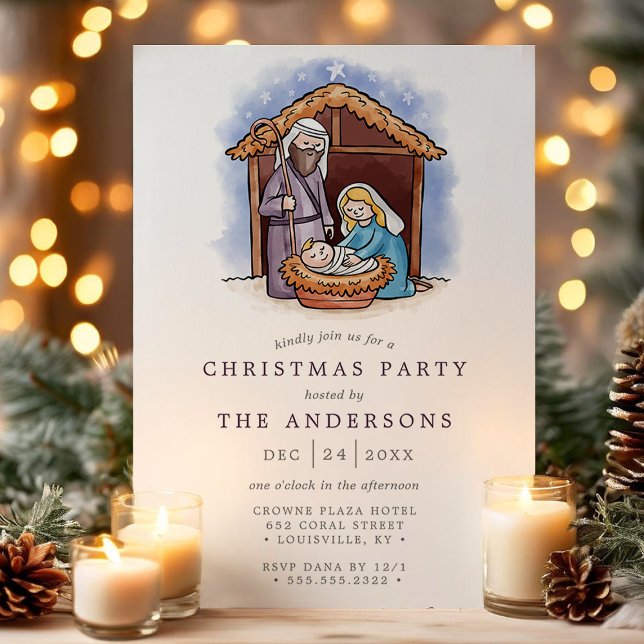 Watercolor Manger Nativity Scene Christmas Party Invitation (Creator Uploaded)