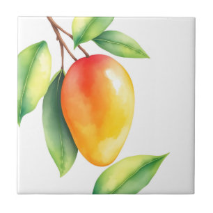 Watercolor Mango on White Background Tile