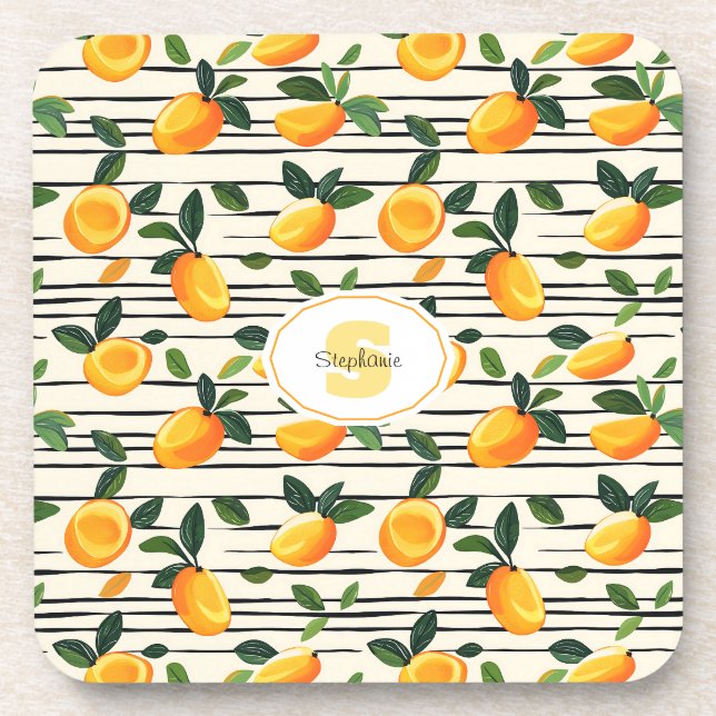 Watercolor Mango Pattern with Green Leaves Coaster (Front)