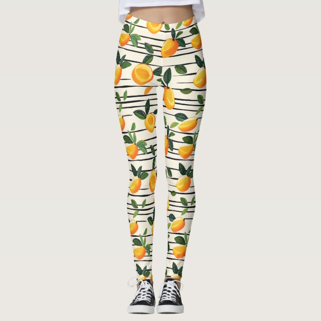 Watercolor Mango Pattern with Green Leaves Leggings (Front)