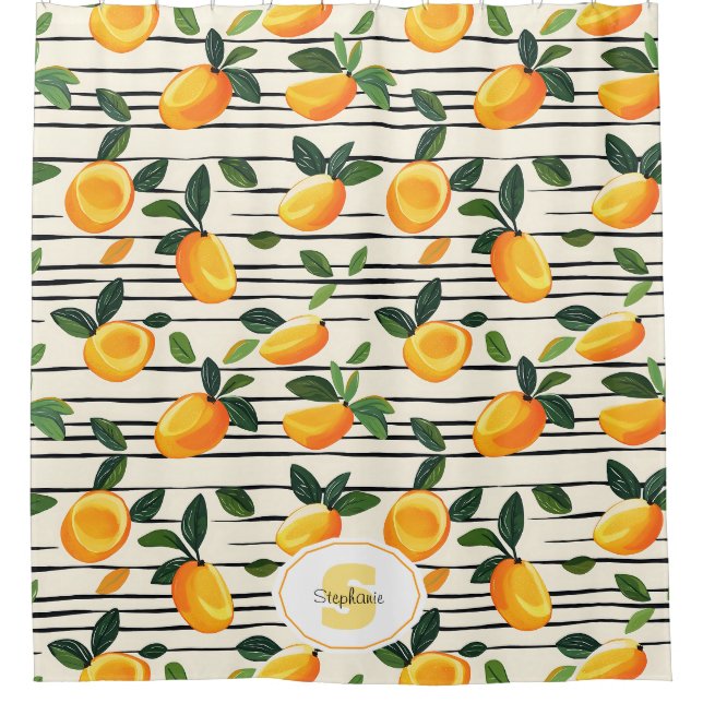 Watercolor Mango Pattern with Green Leaves Shower Curtain (Front)
