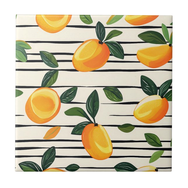 Watercolor Mango Pattern with Green Leaves Tile (Front)