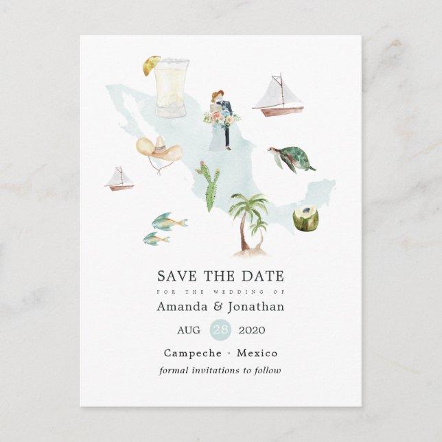 Watercolor Map of Mexico Destination Wedding Announcement Postcard (Front)