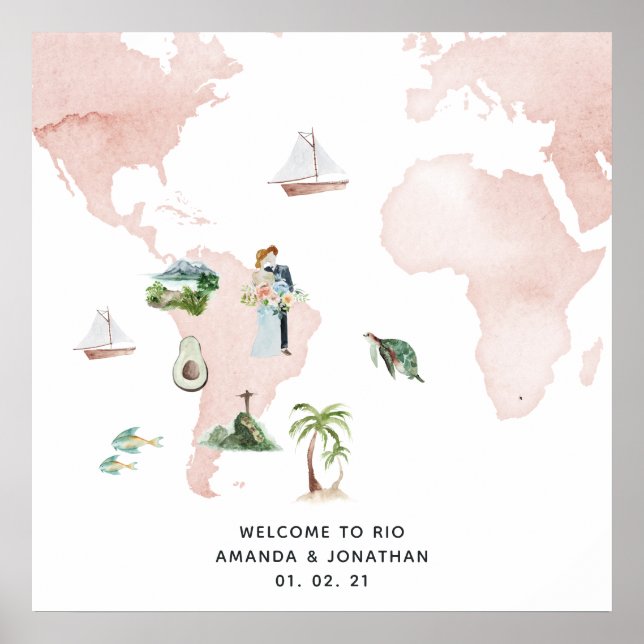 Watercolor Map of Rio Destination Wedding Welcome Poster (Front)