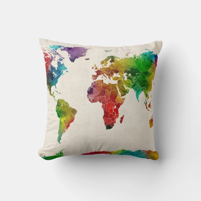 Watercolor Map of the World Map Cushion (Front)