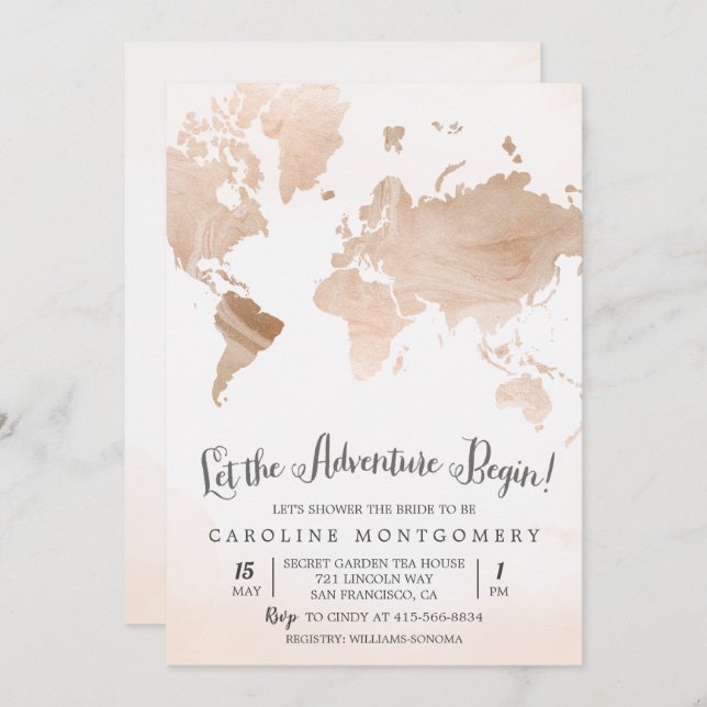 Watercolor Map Travel Bridal Shower Invitation (Front/Back)