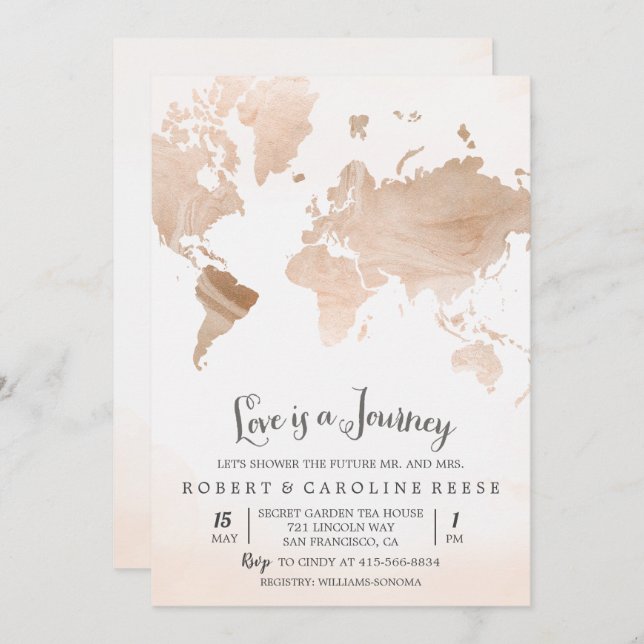 Watercolor Map Travel Couples Shower Invitation (Front/Back)