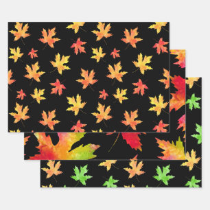  Watercolor Maple Leaf Patterns Black Background Wrapping Paper Sheet